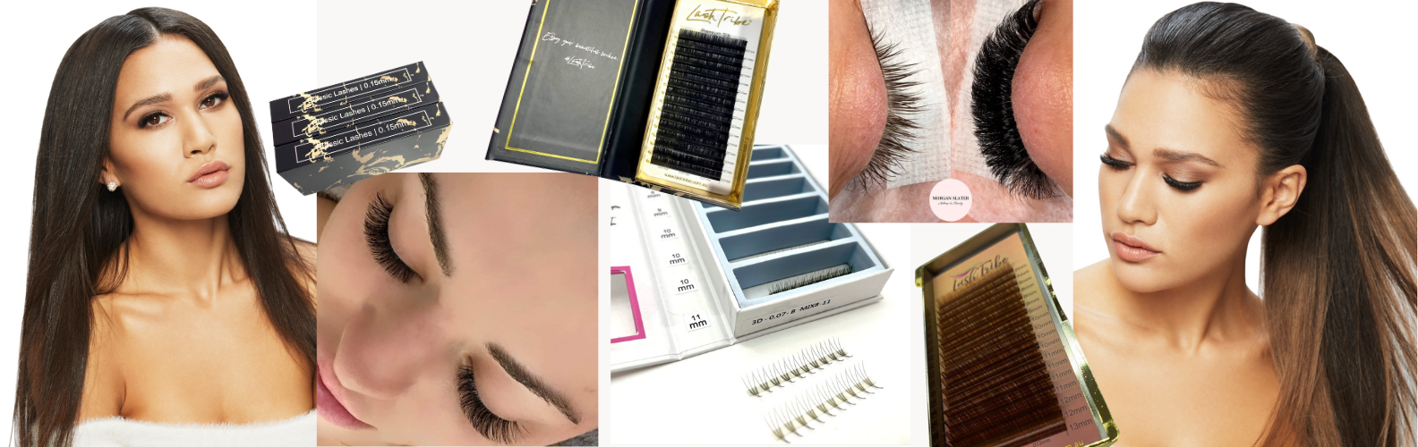 Collage of a woman with long eyelashes, false eyelash products, and close-up views of eyelash extensions.