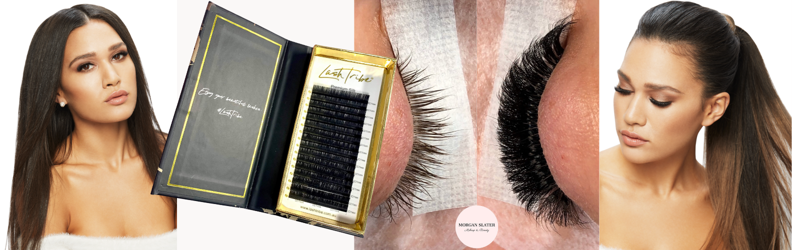 volume lashes pictures of girl and lash tray with before and after photo of eyelash extensions