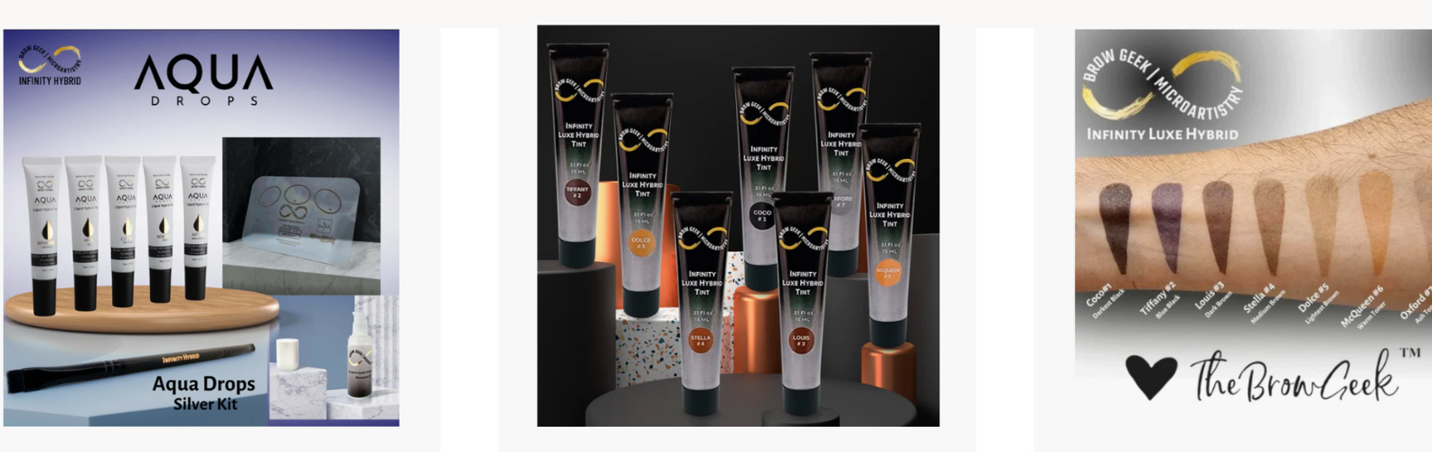 Three separate images and one featuring the Infinity hybrid brow tint and Aqua drops range. Showcasing the skin stain on a forearm.