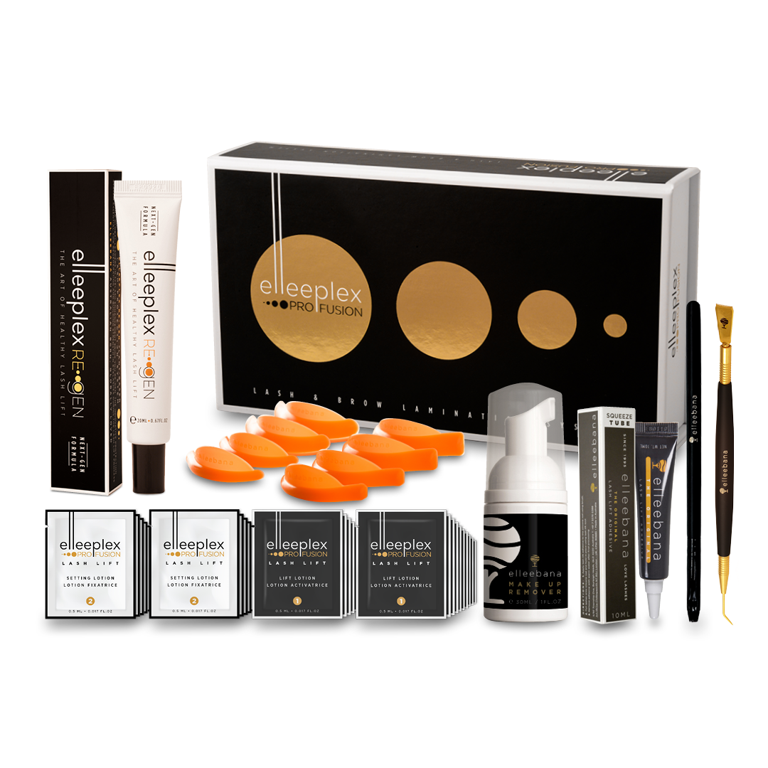 A collection of Lash Tribe's elleebana Elleeplex Profusion Pro Kits, including the Elleeplex Pro Full Kit, displayed with their packaging.