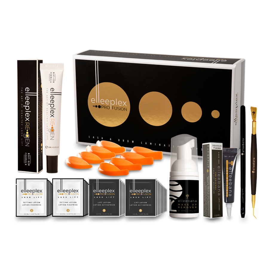 A collection of Lash Tribe's elleebana Elleeplex Profusion Pro Kits, including the Elleeplex Pro Full Kit, displayed with their packaging.