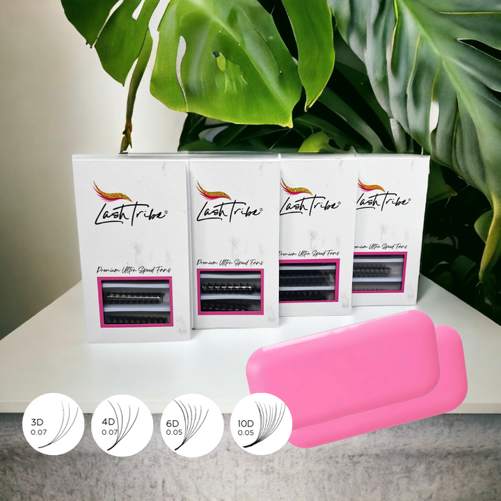 A package of Speed Volume Fans | Instant Setup Promade Volume Fans Bundle by Lash Tribe with a plant in the background.