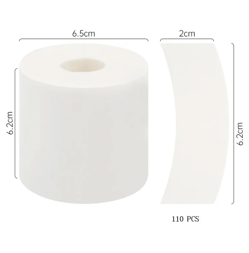 A white roll of 110 PCS Foam Eye Pads | Pre-Cut | Lint Free Under Eye Pads by Lash Tribe with measurements.