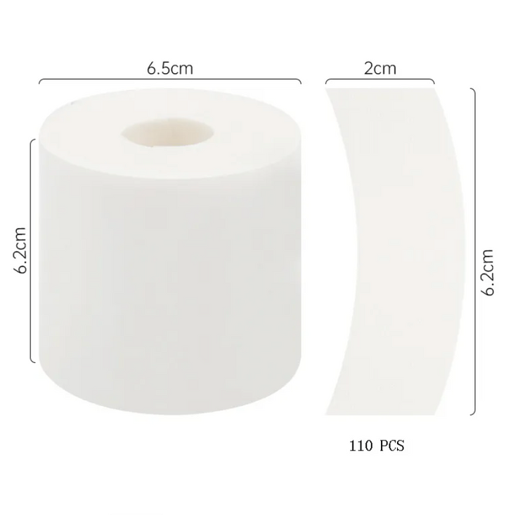 A white roll of 110 PCS Foam Eye Pads | Pre-Cut | Lint Free Under Eye Pads by Lash Tribe with measurements.