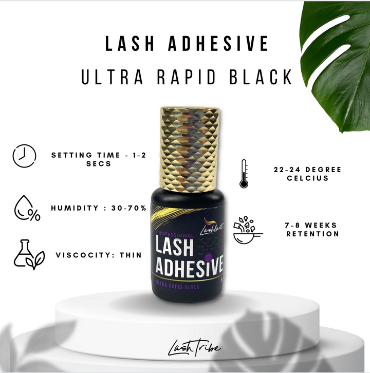Lash Tribe Ultra Rapid Black Adhesive, a lash glue for eyelash extensions, is the perfect product for achieving black lash style.