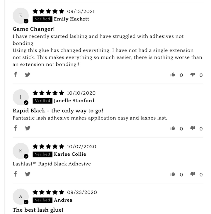 a screenshot of a review on a Lash Tribe Rapid Black Adhesive | Lash Glue for Eyelash Extensions screen.