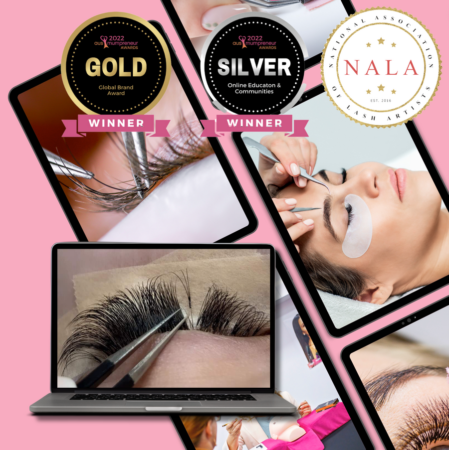 A certified Lash Artist with a Lash Tribe KICK START Bundle | 3 in 1 Online Lash Course featuring lash-themed decoration.