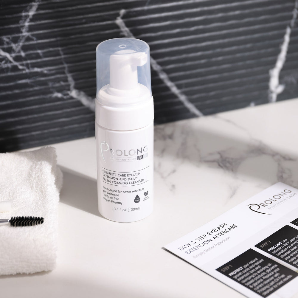 prolong foaming lash cleanser 100ml on a bathroom bench