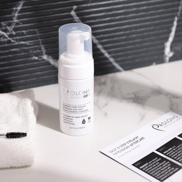 prolong foaming lash cleanser 100ml on a bathroom bench
