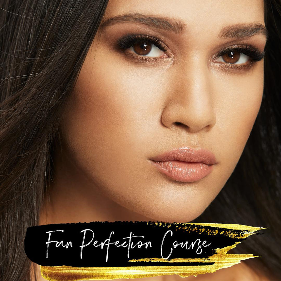 A woman with long black hair and gold makeup is posing for a photo wearing Fan Perfection - Pump up the Volume | Online Course by Lash Tribe.