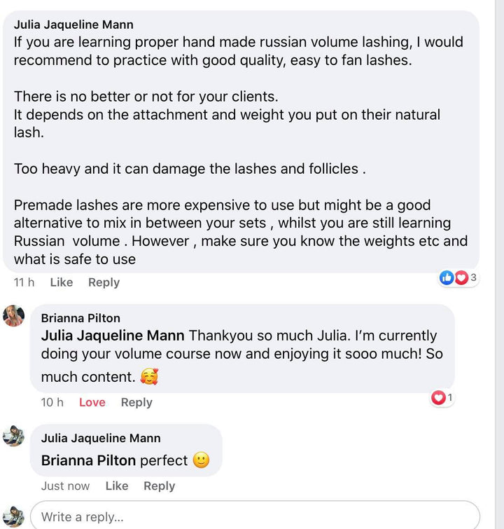 A screenshot of the Hand-Made Russian Volume Eyelash Online Course by Lash Tribe on facebook.