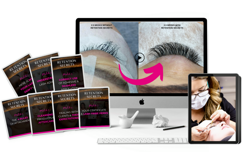 A computer screen displaying a woman's eyelashes, showcasing the online Lash Retention Online Course's secrets, NALA accredited by Lash Tribe.