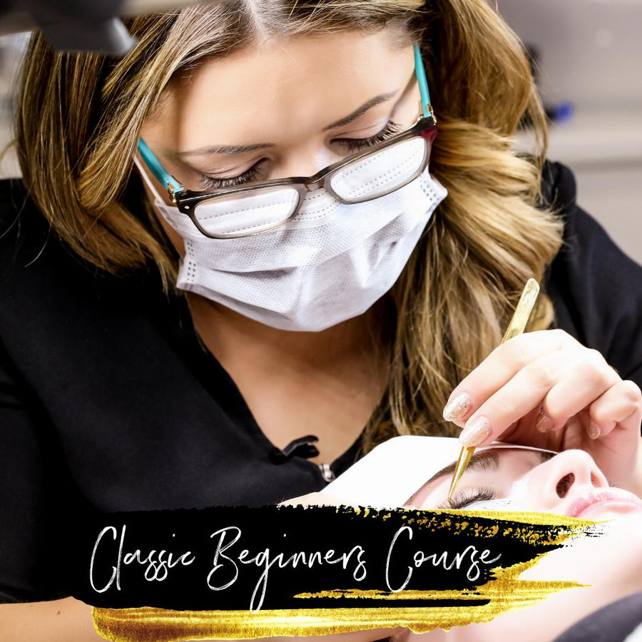 A woman is getting her eyebrows done in a salon with the Classic Beginners Fundamentals | Online Eyelash Extension Course by Lash Tribe.