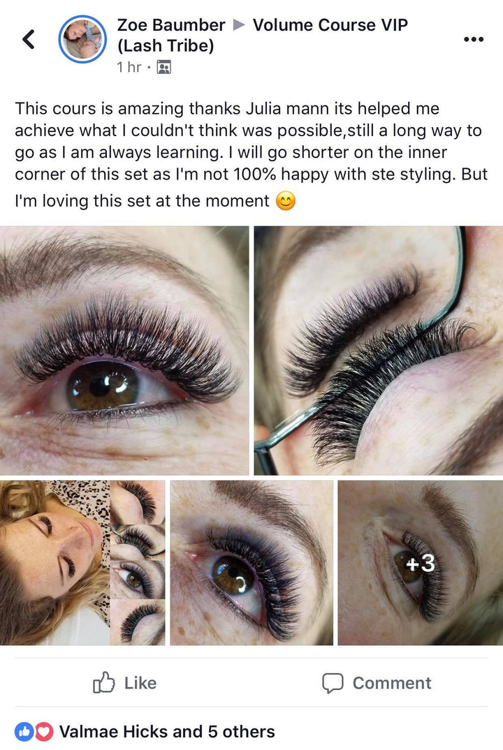 A Lash Tribe facebook page with pictures of the Hand-Made Russian Volume Eyelash Online Course.