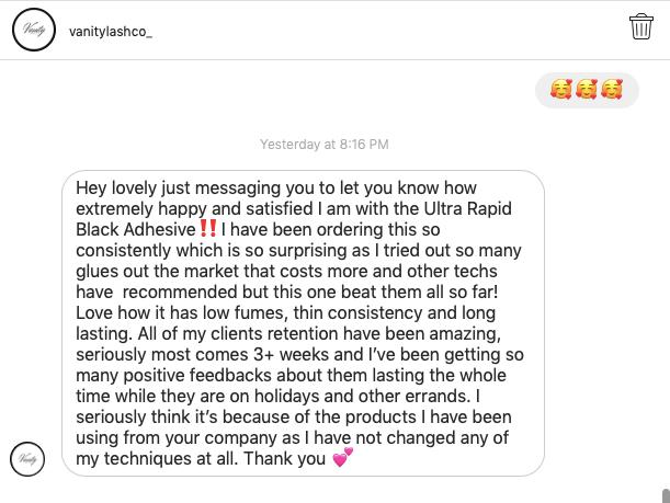 A screenshot of a text message from a customer regarding Lash Tribe eyelash extensions and Lash Tribe Ultra Rapid Black Adhesive.