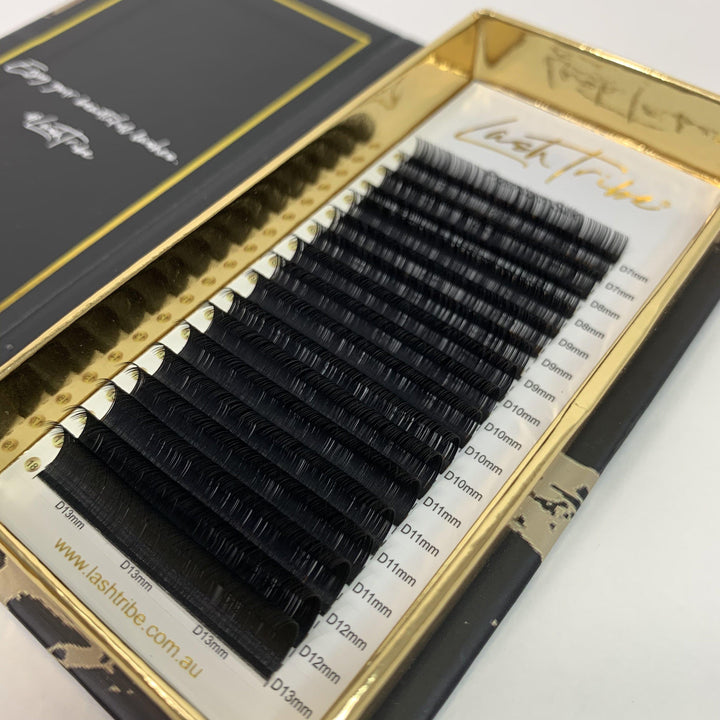 a set of EASY FAN LASHES | SELF FLOWERING EYELASH EXTENSIONS | JET BLACK in a Lash Tribe box.