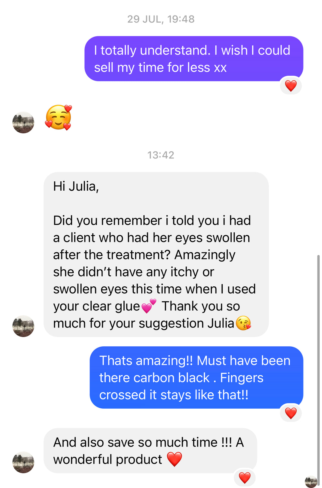 A screenshot of a text message between a man and a woman using Lash Tribe Rapid Clear Adhesive | Clear Lash Glue for Eyelash Extensions.