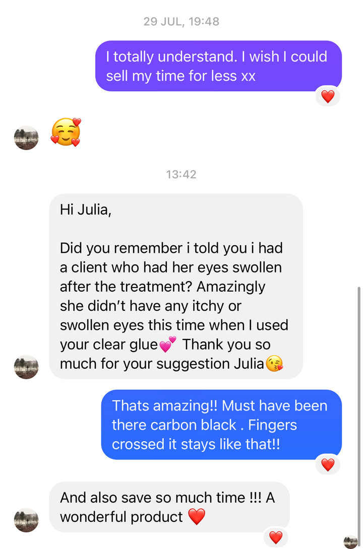 A screenshot of a text message between a man and a woman using Lash Tribe Rapid Clear Adhesive | Clear Lash Glue for Eyelash Extensions.