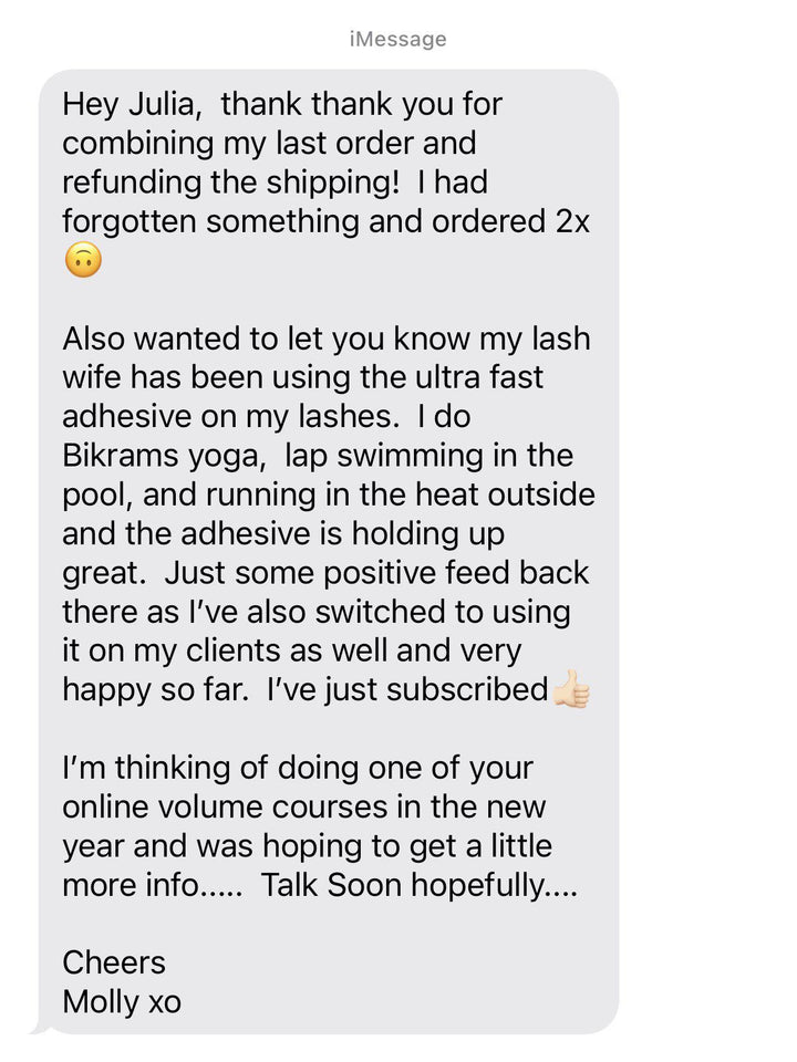 A customer's text message inquiring about Lash Tribe Ultra Rapid Black Adhesive, the lash glue for eyelash extensions.