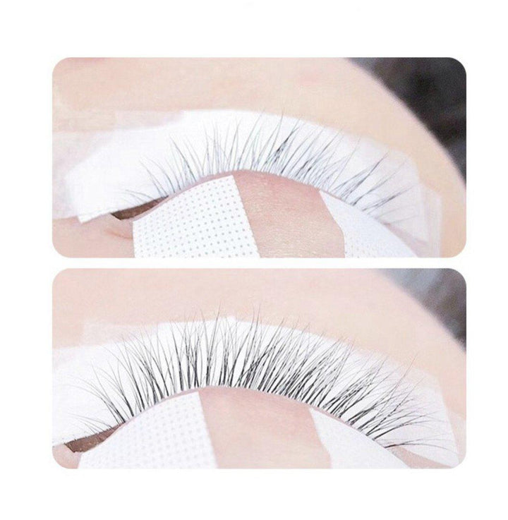 Two pictures of a woman with Lash Tribe's Japanese Comfort Lash Tape, Breathable Tape, and Eyelash Extensions Tape with false eyelashes.