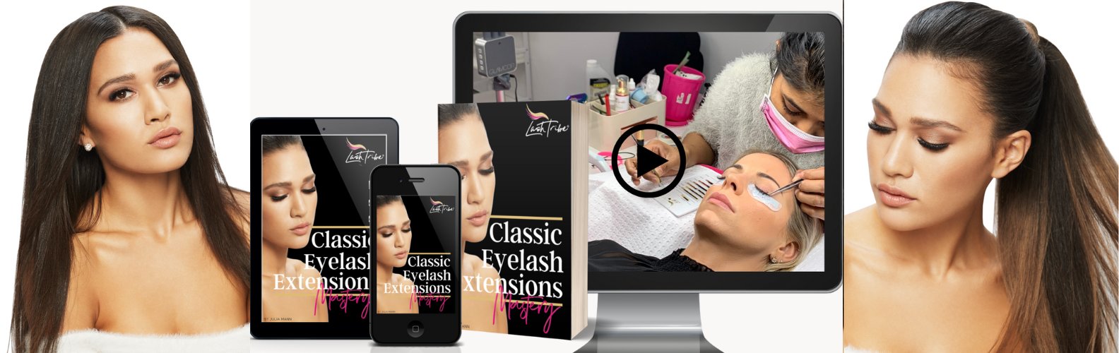 Image of online course for classic eyelash extension training as well as two pictures of a beautiful woman with gorgeous Eilish extensions.