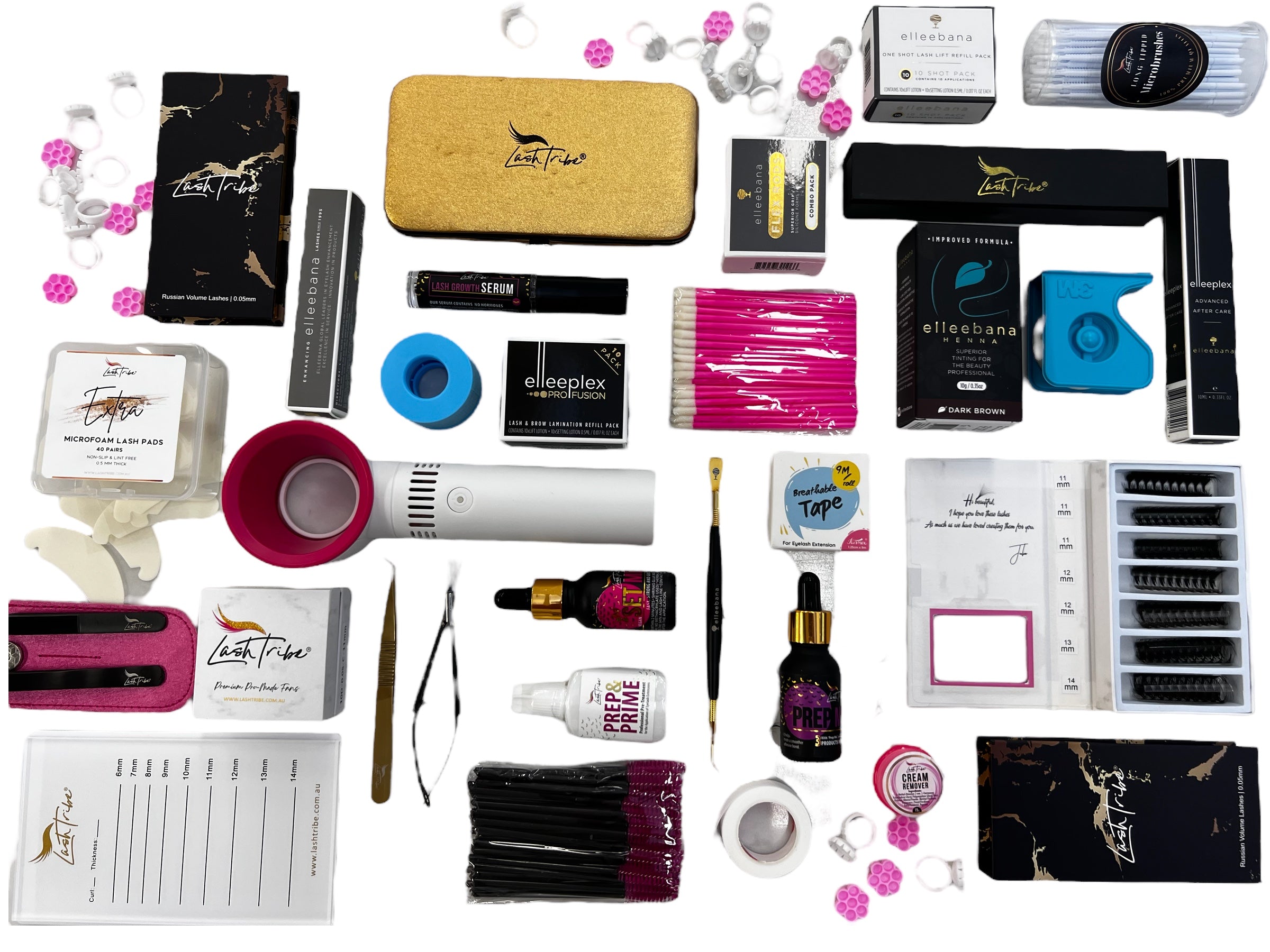 A collection of cosmetics and other items on a white background.