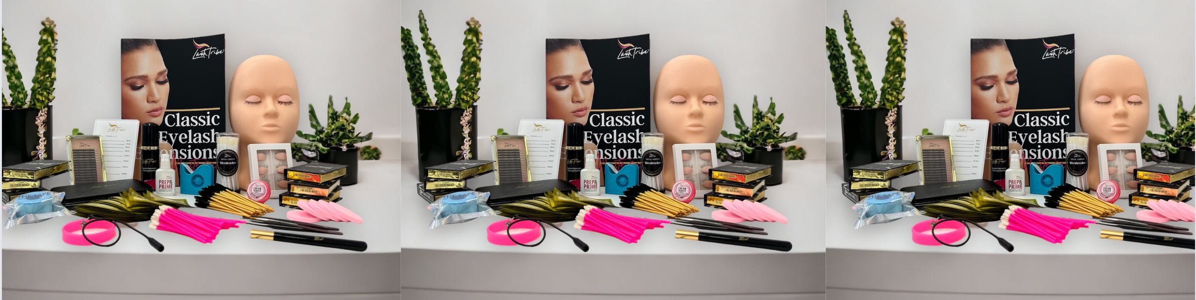 Pictured is an eyelash extension starter kit draped across a beautiful background, showcasing Lash Tribe products