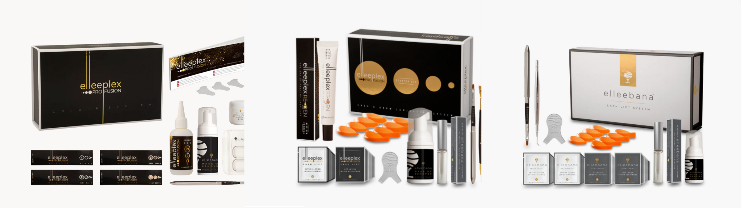 Three types of Elleebana lash lift kits. Single lash lifting products are displayed