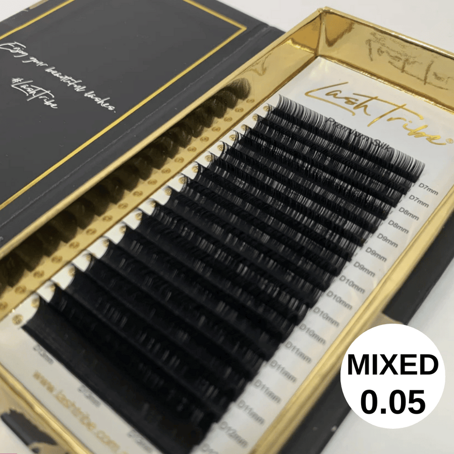 A box of 0.05 Russian Volume Lashes | Mixed Tray | Premium Silk | Ultra Black by Lash Tribe.