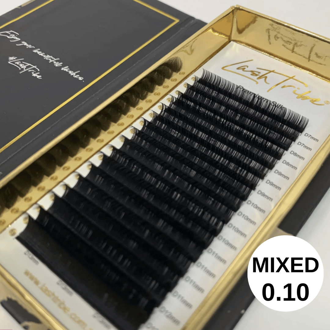 Lash Tribe's 0.10 Classic Premium Silk Lashes | Mixed Tray in an eco-friendly black box.