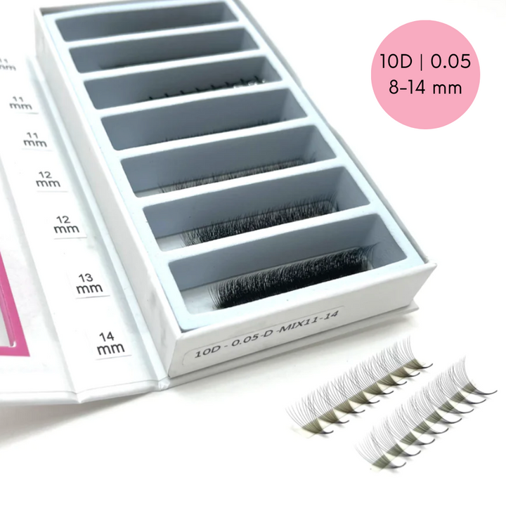 a set of Ultra Speed Premade Volume Fans | Long Stem | Ultra Black false eyelashes in a Lash Tribe box.