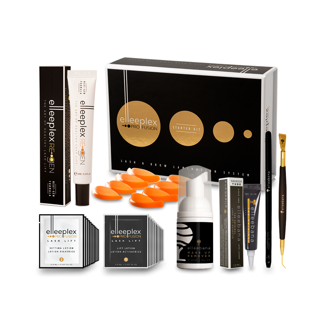 Elleebana One Shot Lash Lift Kit | Elleebana elleplex profusion professional lash lifting system displayed with various products and applicators.
