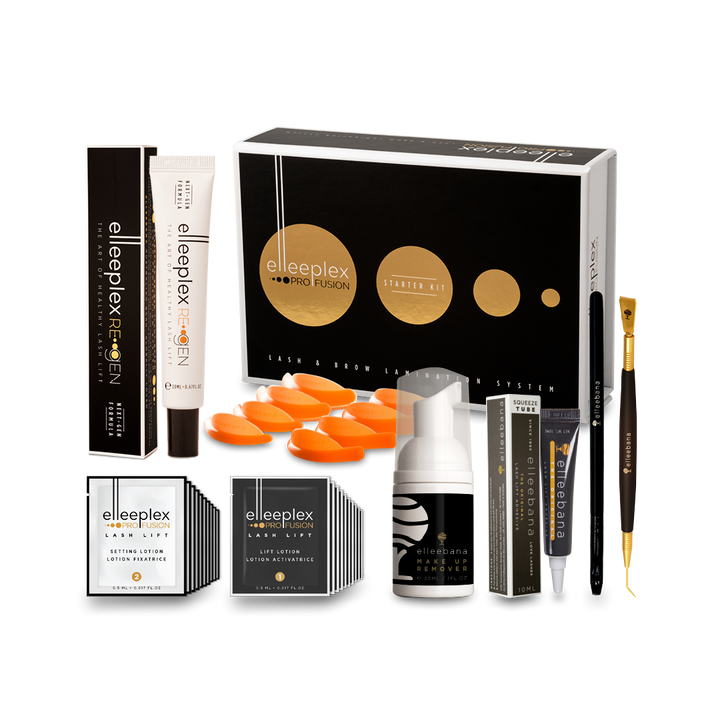 Elleebana One Shot Lash Lift Kit | Elleebana elleplex profusion professional lash lifting system displayed with various products and applicators.