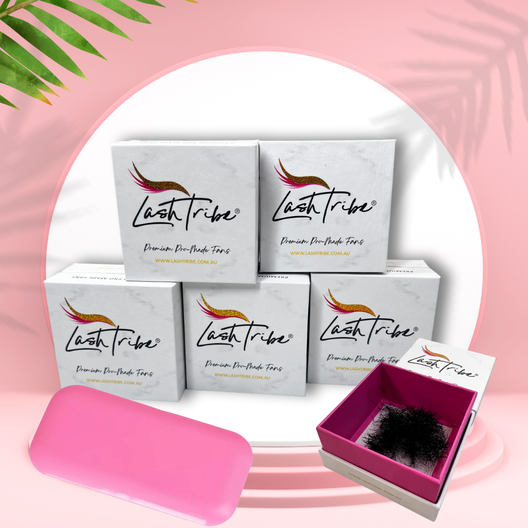 a box of Lash Tribe Loose Promade Volume Fans Bundle | Eyelash Extension Volume Fans with a pink box and a pink box.