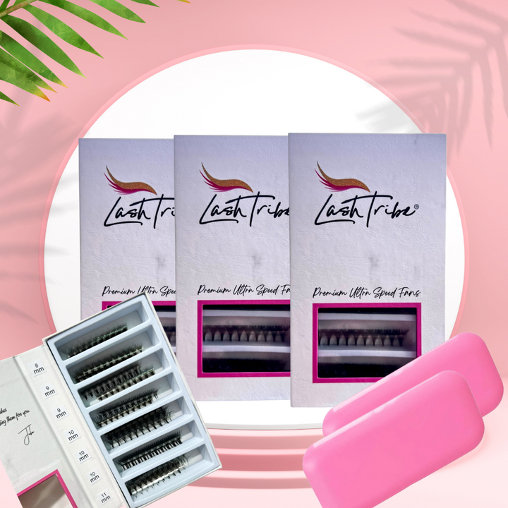 A package of Speed Volume Fans by Lash Tribe with a pink box and a pair of scissors.