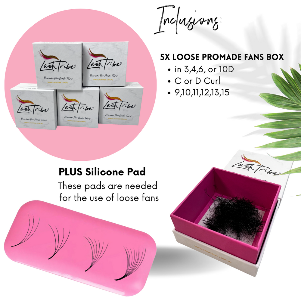 A package of Loose Promade Volume Fans Bundle | Eyelash Extension Volume Fans with a pink box and a pink flower, from Lash Tribe.