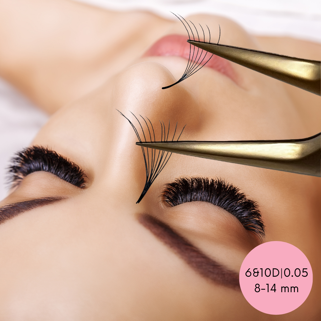 A woman is getting her lashes done with a pair of Ultra Speed Premade Volume Fans | Long Stem | Ultra Black scissors from Lash Tribe.