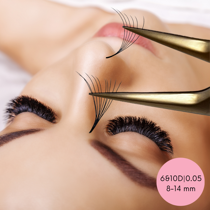 A woman is getting her lashes done with a pair of Ultra Speed Premade Volume Fans | Long Stem | Ultra Black scissors from Lash Tribe.
