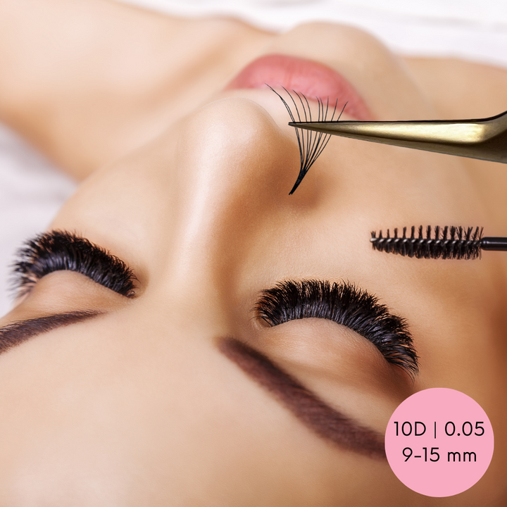 A woman is getting her Loose Promade Volume Fans Bundle | Eyelash Extension Volume Fans done by Lash Tribe.