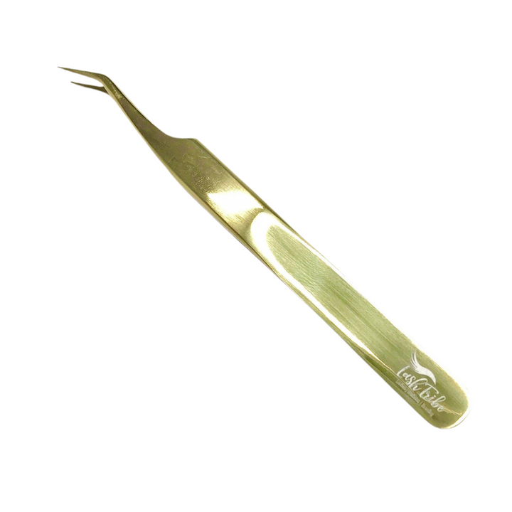The Lash Tribe Classic Angled Isolation Tweezers feature a gold finish, pointed tip, and branded handle—ideal precision tweezers for eyelash extensions.