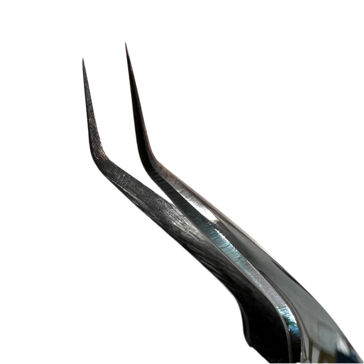 Close-up of Lash Tribe Classic Angled Isolation Tweezers for eyelash extensions, featuring pointed tips, shown against a white background.