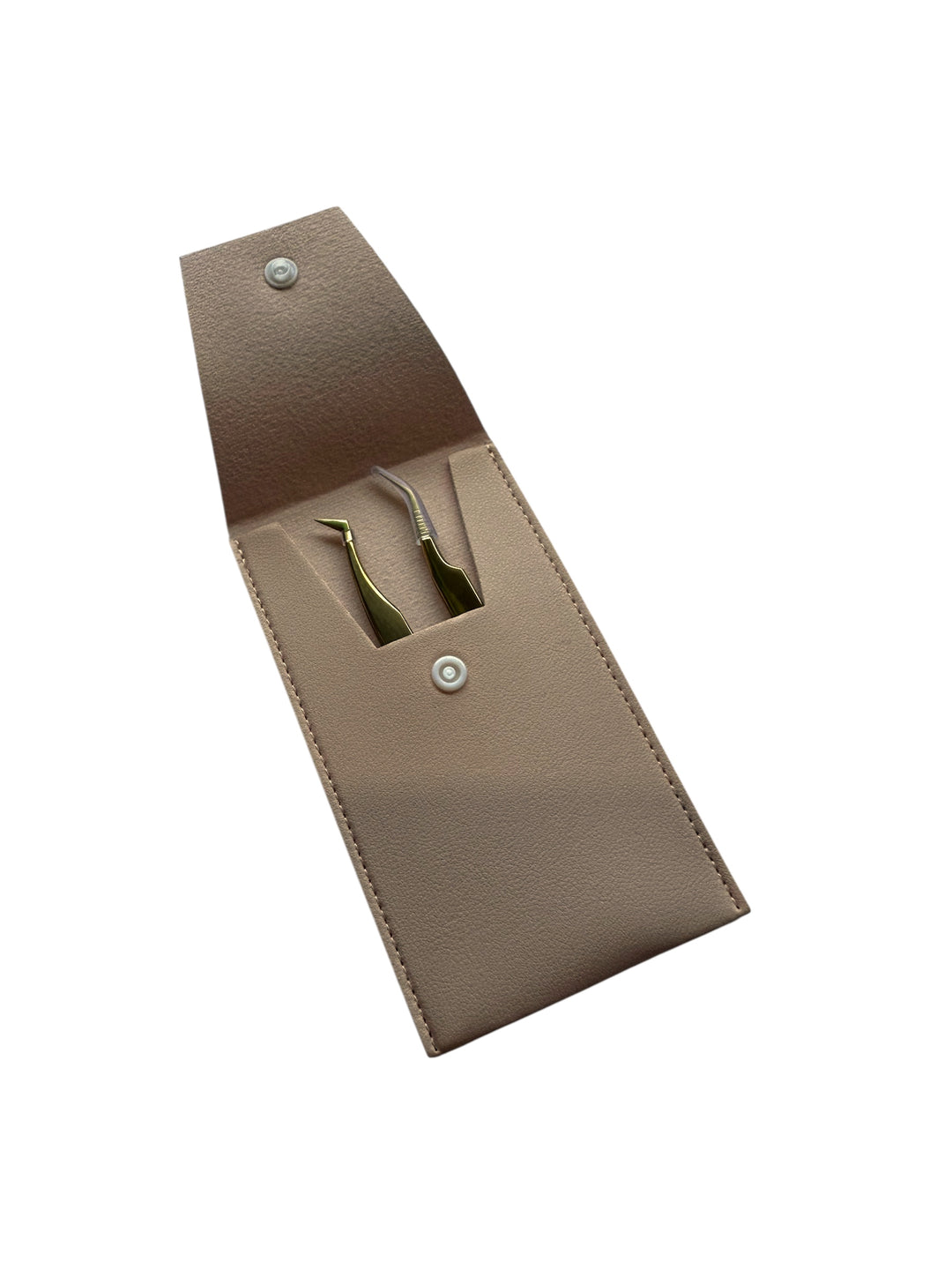 The Lash Tribe Classic Duo - Lash Tweezers for Pickup and Isolation includes one straight and one angled metallic tweezer in a tan leather snap case, perfect for precise lash application, shown on a white background.