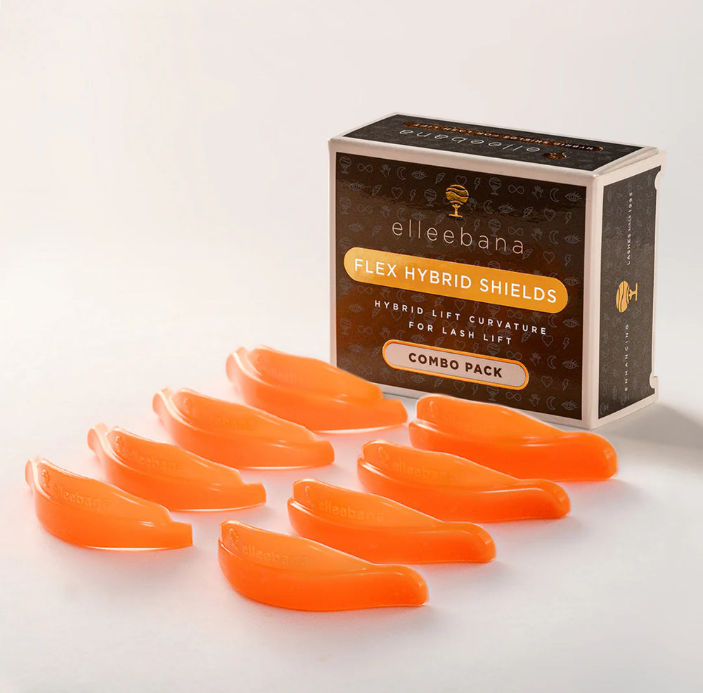 A box labeled "Elleebana Flex Hybrid Shields" by Lash Tribe is shown beside eight orange, curved shields, ideal for flawless lash lifts, arranged neatly in two rows.