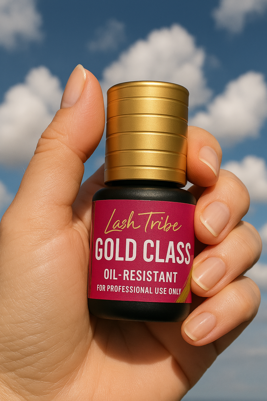 A hand holds a small bottle labeled "Gold Class 0.3 Seconds Ultra Speed Adhesive" by Lash Tribe, highlighting its oil-resistant formula against a serene sky backdrop.