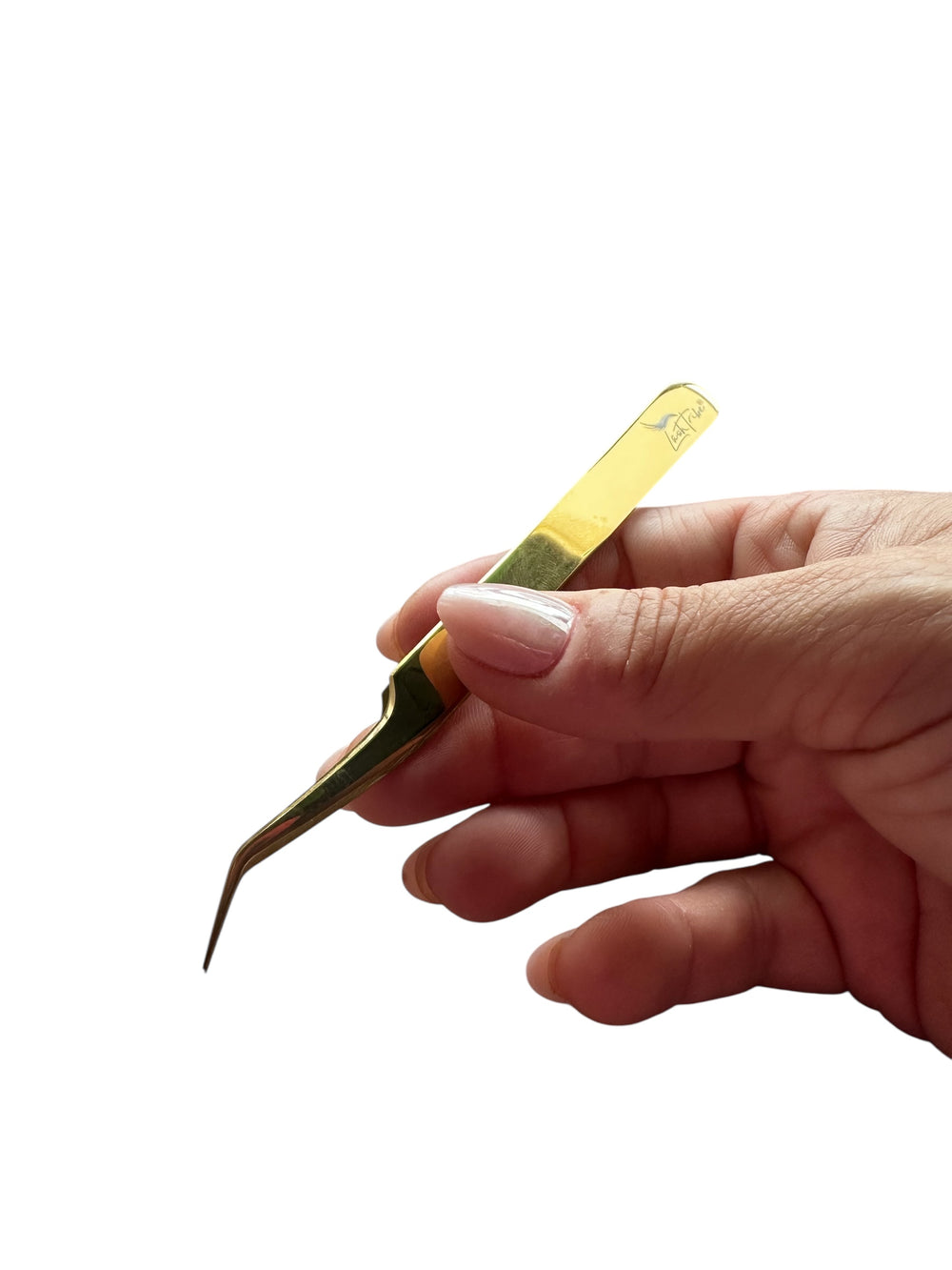 A hand holds the Lash Tribe Classic Duo - Lash Tweezers for pickup and isolation against a white background—ideal for precise eyelash extension application.