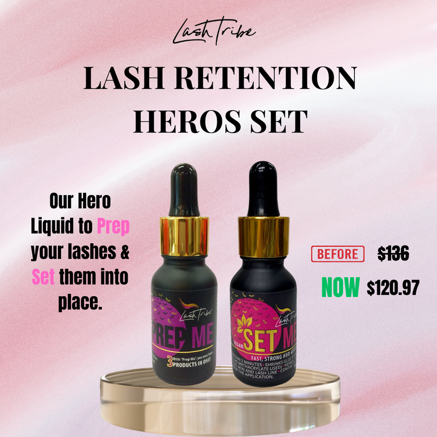 Two bottles labeled "PREP ME" and "SET ME" from the RETENTION HERO BUNDLE | Prep Me & Set Me Superbonder by Lash Tribe are shown. The Vegan Set Me, part of this collection originally priced at $136, is now available for $120.97. Perfect for those seeking lash glue curing and enhanced retention with Superbonder for Eyelash Extensions.