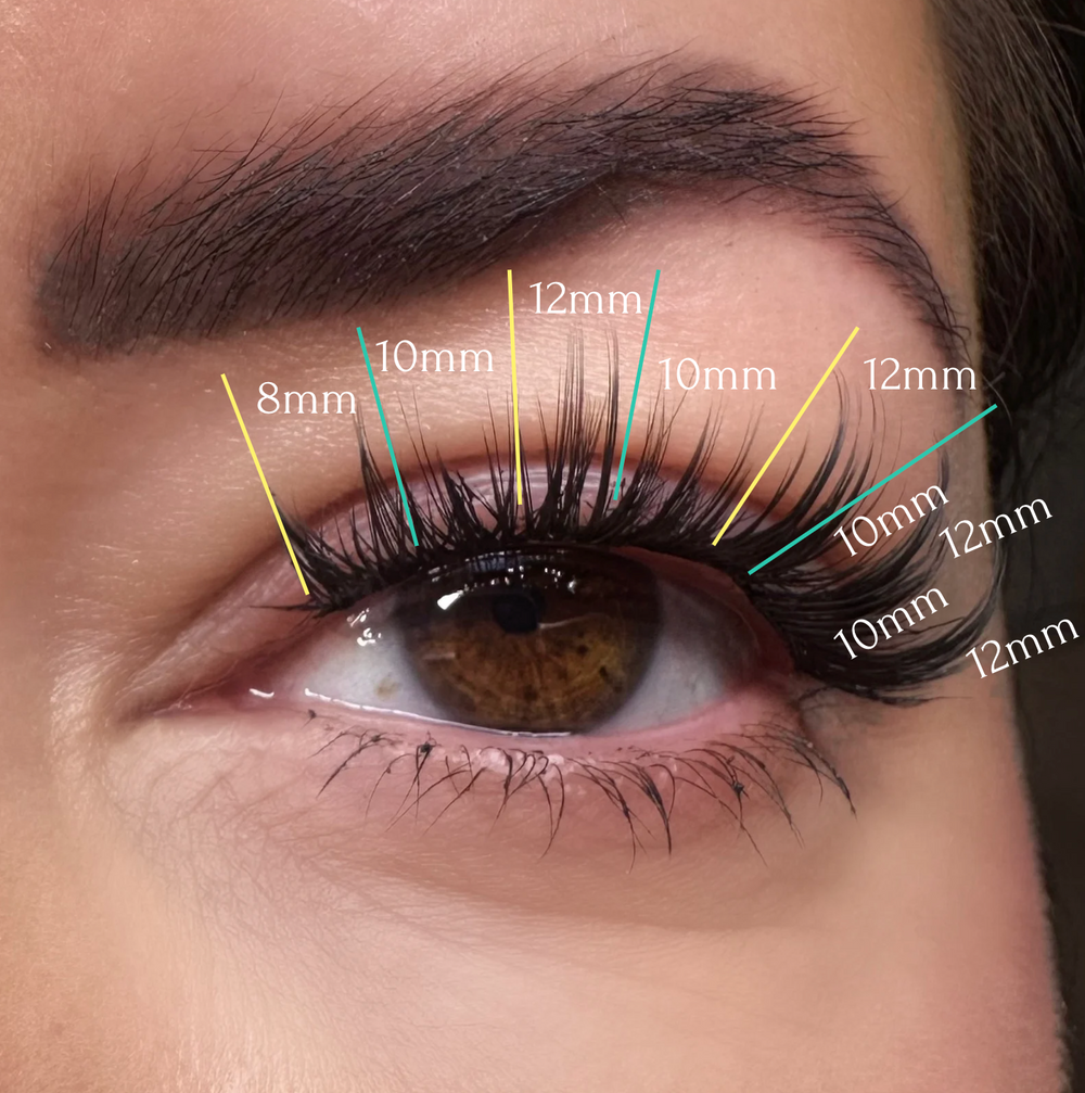 Close-up of an eye with IRIS-like precision, featuring Lash Link's SPIKEY VOLUME lash extensions in lengths from 8mm to 12mm.