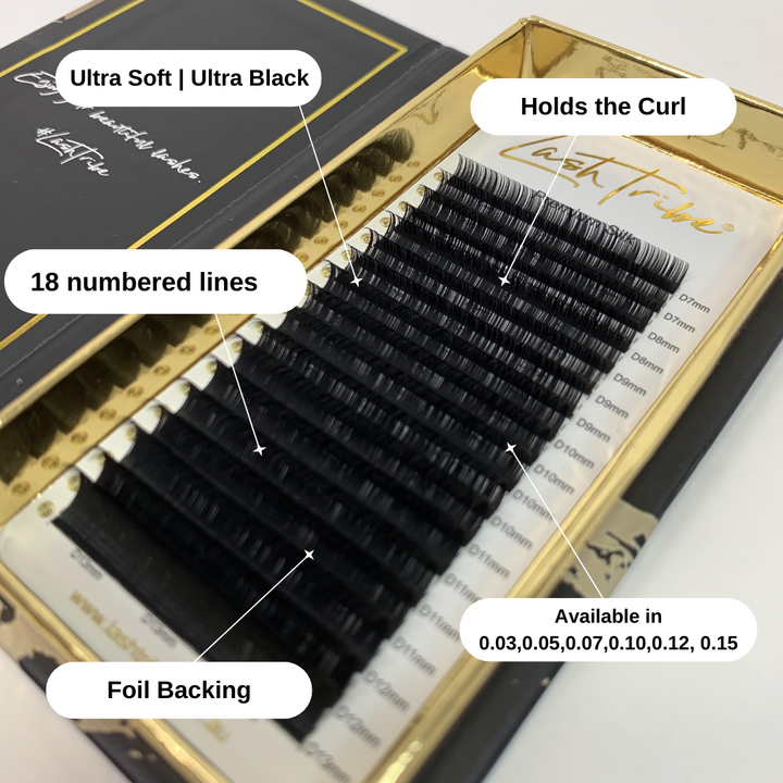 A box with the Lash Tribe Mixed Lash Tray Bundle containing Ultra Black Lashes made with Japanese/Korean PBT fibers.