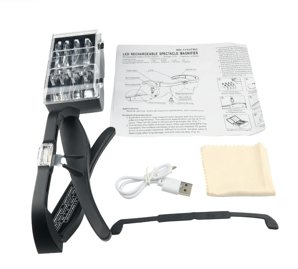 a Lash Tribe device with a USB cord and a pair of Magnifying Glasses with Led Light.