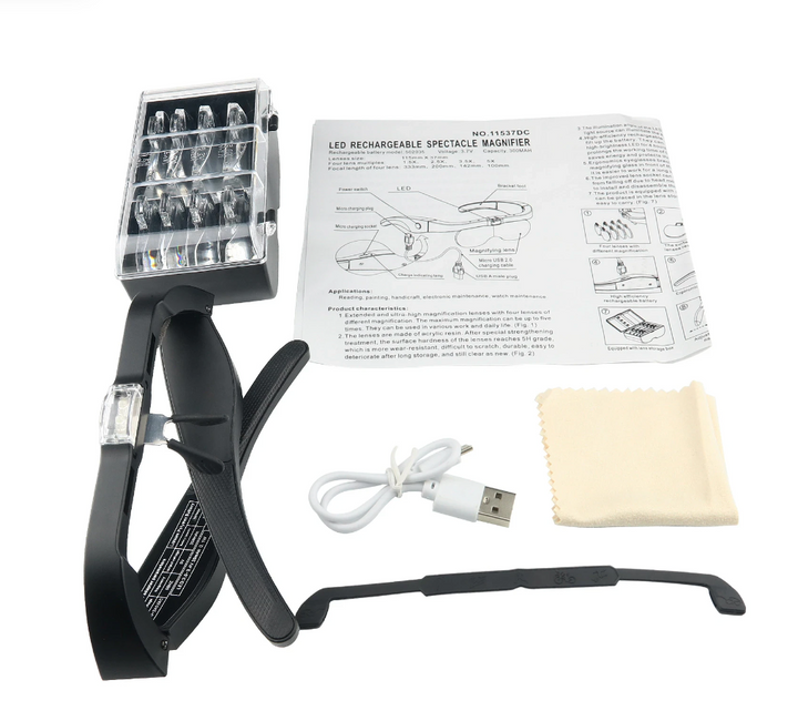 a Lash Tribe device with a USB cord and a pair of Magnifying Glasses with Led Light.